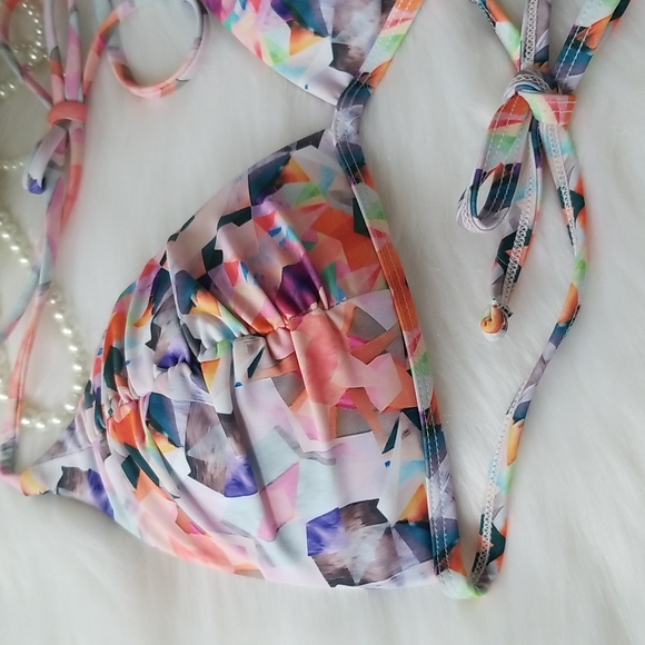 Triangle Push-Up Style String Bikini Top Abstract Print Ruched Detail - Picture 2 of 6